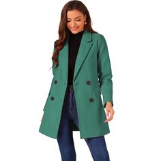 The long trench coat is shaped in a classic double-breasted cut. This soft, elegant coat with a tie around the waist detail is a classic look and will keep you warm in the cool weather. Whether you want to dress up your look or just stay warm in casual winter, it is a better choice for you. The self-tie belt style is flattering and fits more different body shapes. Double-breasted Solid Color Fall Blazer, Double-breasted Solid Color Blazer For Fall, Green Double-breasted Fall Outerwear, Green Double-breasted Outerwear For Fall, Green Double-breasted Outerwear With Double Button Closure, Spring Green Double-breasted Pea Coat, Fitted Green Outerwear For Fall, Classic Green Double-breasted Outerwear, Green Long Coat For Office