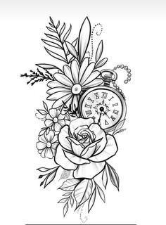 a black and white drawing of flowers with an alarm clock