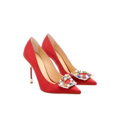 Red Satin Jewel Buckle Pumps Red satin sharp toe pumps featuring a tutti frutti crystal buckle and piercing high heel. Upper : 68% viscose, 32% silk. Sole : 100% cow leather. Lining : 100% kid leather. Heel measures 105 mm. Italian sizing. Made in Italy. Tutti Frutti, Crocodile Leather, Red Satin, Perfume Collection, Shopper Bag, High Jewelry, Mens Belts, Belts For Women, Wallet Men