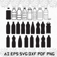 the silhouettes of water bottles are shown in black and white, as well as an image