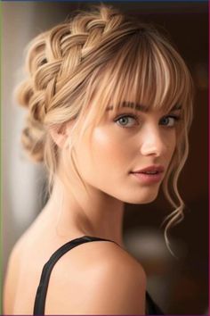 What is the best hairstyle for natural hair? How can I look cute in hairstyle? How do you style natural hair for beginners? How to do pretty hairstyles for school? Romantic Updo For Long Hair, Hairstyle Bangs Wedding, Hair Updo With Bangs Wedding, Braid Hair With Bangs, Bridesmaid Updo Bangs, Bridesmaid Hairstyles Updo With Bangs, Wedding Hairstyles With Bangs Long, Bridesmaids Hairstyles With Bangs, Up Do With Fringe