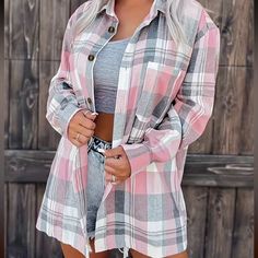 Classic Plaid Design, But With Feminine Pink Color, Which Has Become Fashionable Color On Everyone! Breathable Fabric That Can Be Worn All Day. Can Be Casual With Jeans Worn Untucked Or Wear With Work Pants Too! Button Up, Tuck In And Accessorize! Size Large Is 8/10 Pink Flannel Outfit, Pink Plaid Shirt, Pink Flannel, Womens Jackets Casual, Long Sleeve Jacket, Cardigan Sweater Jacket, Fall Coat, Knit Sweater Cardigan