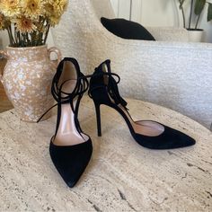 Stunning Black Suede Heels By Gianvito Rossi With A 4" Stiletto Heel, Pointed Toe, And Ankle Wrap Laces. They've Been Worn Maybe Twice And Are In Amazing Condition, With Very Little Sign Of Wear, See Photos. I Injured Myself Last Year And Devastatingly Can't Wear Heels Anymore, Otherwise I Would Not Be Letting These Go. Lowball Offers Will Not Be Considered. Black Suede Heels, Ankle Wrap, Suede Heels, Gianvito Rossi, Stiletto Heel, Women's Pumps, Black Suede, Shoes Women Heels, Stiletto Heels