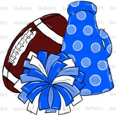 an image of a football and mitt wrapped in blue ribbon with polka dots on it