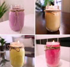 four different jars with candles in them sitting on a table