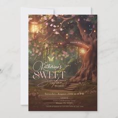 the sweet tree is lit up with fairy lights on it's birthday party card