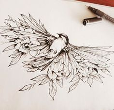 a drawing of a bird with flowers on it