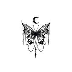 a black and white drawing of a butterfly with the moon in the sky behind it