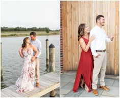 a couple standing on a dock next to each other in front of the water and smiling at each other