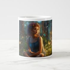 a woman sitting in the middle of a forest with fairy lights jumbo mugs