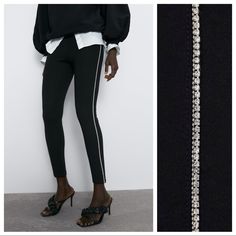 Nwt. Zara Black Leggings With An Elastic Waistband And Bejewelled Taping On The Sides. Size S. Ref. 4387/034. Waist 13" Flat, Rise 11", Inseam 25 ". P. Elegant Rhinestone Bottoms For Night Out, Silver Bottoms With Rhinestones For Night Out, Chic Silver Winter Bottoms, Chic Silver Bottoms For Winter, Silver Bottoms For Winter Night Out, Silver Bottoms For Night Out In Winter, Fitted Silver Bottoms For Winter, Elegant Stretch Leggings For Evening, Elegant Leggings For Night Out In Winter