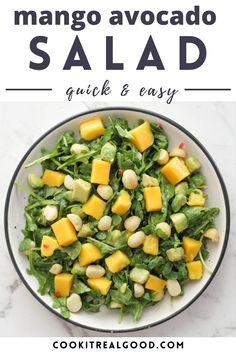 mango avocado salad in a white bowl with text overlay