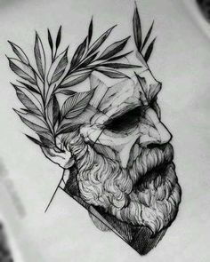 a drawing of a man's face with leaves on his head and the image of an ancient greek god