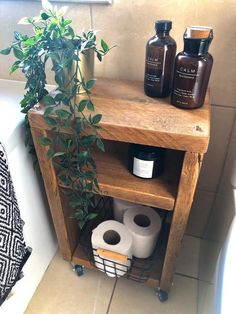 two rolls of toilet paper sitting on top of a wooden shelf next to a potted plant