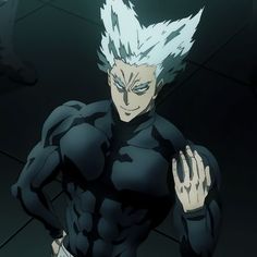 an anime character with white hair and blue eyes standing in front of a black background