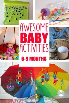 an assortment of baby activities including umbrellas and toys