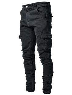 Black  Collar  Denim Plain Skinny Embellished Slight Stretch  Men Clothing Hip Hop Trousers, Ripped Jeans Men, Denim Cargo Pants, Moda Jeans, Stylish Jeans, Jeans Cargo, Slim Denim