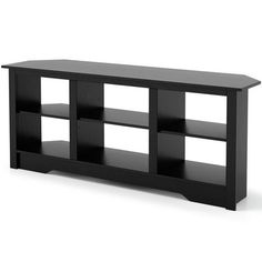 a black entertainment center with four shelves on the front and one shelf open to show items