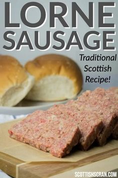 an advertisement for the scottish sausage company on a cutting board with bread in the background