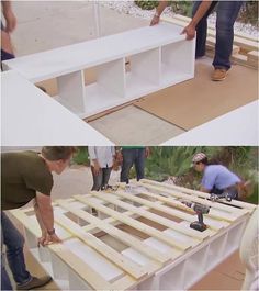 two pictures of people working on some kind of table that is made out of plywood