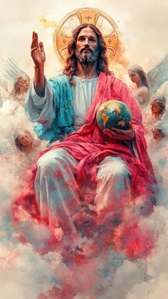 a painting of jesus holding the earth in his hands