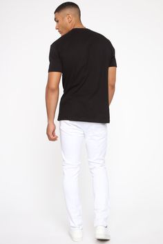 Available In White Button Closure Zip Fly 5 Pocket Body Knee Distressing With Backing 31 Inseam 98% Cotton, 2% Spandex Imported Model Height: 6'2" Model is wearing size 34"  | Mens Reel It In Skinny Jean in White size 38 by Fashion Nova White V-neck T-shirt With Button Closure, White Fitted T-shirt With Button Closure, Free Dresses, Personal Marketing, Jeans For Sale, White Fashion, Cali, Chemicals, White Undershirt