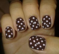 Really into polka dots this year Brown And White Polka Dot Nails, Brown Nails With Polka Dots, Brown Polka Dot Nails, Purple Polka Dot Nails, Fall Themed Nails Autumn, Dotted Nails, Dot Nails, 31 Day Challenge, Natural Nail Designs