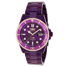 This incredible Invicta watch from the Pro Diver collection offers an exact Quartz movement, with an incredible purple case. The face displays a purple, metal dial protected by our proprietary Flame Fusion Crystal. The design is completed by a purple, stainless steel band. This timepiece can resist water for up to 100 m. Plunge into any horizon using the steadfast guidance of the Invicta Pro Diver. Stylishly classic, internal workings are forged with variations of bold movements. Built with conf Purple Chronograph Watch Accessories With Round Dial, Modern Purple Watch With Round Dial, Purple Quartz Watch Accessory With Round Dial, Purple Analog Watch, Invicta Pro Diver, Mens Invicta Watches, Purple Cases, Premium Watches, Invicta Watches