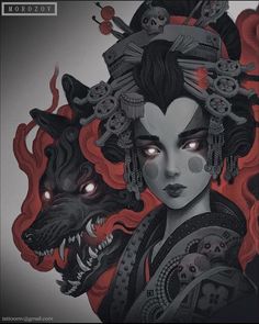 an image of a woman with red eyes and a wolf on her head, in front of a grey background