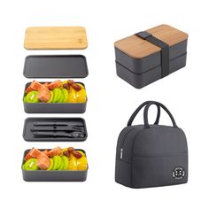 the lunch box is full of food and has four compartments for it to hold various items