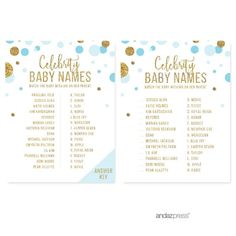 two baby shower games with gold and blue confetti