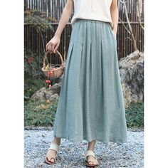 Retro High Waist Casual Skirt Fabric: 55% Ramie+45% Cotton Lining: 100% Rayon Size: S, M, Multiple Color Selections: Pine Green  Season: Spring, Fall, Summer Casual Non-stretch Maxi Skirt For Spring, Spring Casual Non-stretch Maxi Skirt, Casual Cotton Maxi Skirt For Spring, Green Cotton Casual Maxi Skirt, Casual Spring Maxi Skirt With Pockets, Casual Fall Maxi Skirt, Casual Non-stretch Solid Color Maxi Skirt, Casual Summer Maxi Skirt, Casual Pleated Maxi Skirt For The Beach