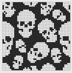 a black and white pixellated pattern with skulls in the middle, all on one side