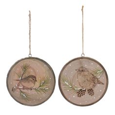 two christmas ornaments with birds on them hanging from twine strings, decorated with pine cones and snowflakes