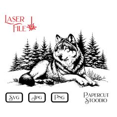 a wolf laying down in the snow next to some pine trees and text laser file