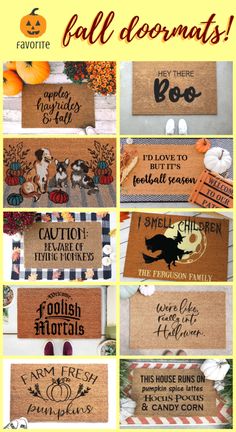 fall doormats with pumpkins, leaves and other things to decorate on them