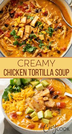 creamy chicken tortilla soup in a white bowl