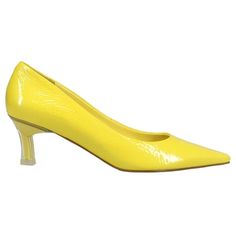 Sleek pointed toe, kitten heel pump in crinkle patent leather. The 2 inch matching heel is encased in clear acrylic to give this pump a unique, fashion-forward look. Partially leather lined with a cushioned insole and rubber outsole. Size: 7.5.  Color: Yellow.  Gender: female.  Age Group: adult. Heels Dress, Kitten Heel Pumps, Pumps Shoes, Pump Dress, Kitten Heel, Dress And Heels, Pump Shoes, Unique Fashion, Clear Acrylic