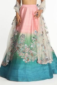 Blue ombre lehenga with floral sequin and thread embroidery in the center. Paired with a floral leaf sequin embroidered blouse and floral cutwork tulle dupatta. - Aza Fashions Traditional Spring Wedding Lehenga, Spring Wedding Lehenga With Resham Embroidery, Traditional Wedding Gown For Spring, Traditional Spring Wedding Gown, Spring Wedding Embellished Sets, Anarkali Lehenga For Spring Wedding, Spring Wedding Anarkali Lehenga, Spring Festive Multicolor Lehenga, Spring Wedding Embroidered Choli