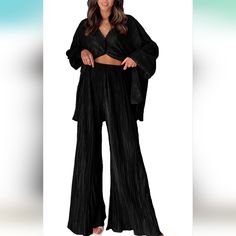 Womens Loungewear Set 2 Piece Sweatsuits Outfits Casual Pleated Long Sleeve Button Down Shirt And Palazzo Pants Chic Black V-neck Sets, Elegant Black Pants Set, Elegant Black Long Pants Set, Chic Black Long Sleeve Set, Black Long Sleeve Pant Set For Spring, Black Matching Set With Long Sleeves, Black Long Sleeve Matching Set, Black Long Sleeve Loungewear Pant Set, Black Long Pants Sets For Spring