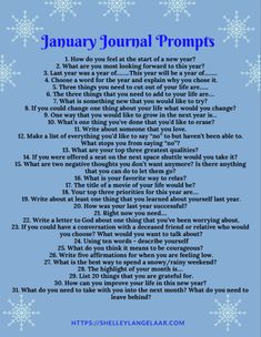 a poem with snowflakes and the words january journal prompts on blue background