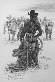 a drawing of a cowboy with his horse and two other horses in the field behind him