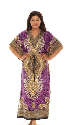 "Floral Medallion Print Elbow-Sleeve Drawstring V-Neck Caftan  Whether you're looking for an easy, effortless outfit or a statement piece to add to your wardrobe, a printed caftan is a perfect choice. It is designed to provide comfort and freedom of movement, making it ideal for hot weather or casual occasions. The loose, relaxed fit of the caftan flatters all body types and provides a comfortable and effortless look. It's relaxed silhouette and airy construction make it an ideal choice for warm Printed V-neck Tunic, Printed V-neck Tunic For Festival, Printed V-neck Festival Tunic, Festival V-neck Printed Tunic, Purple V-neck Kaftan For Beach Cover-up, Purple V-neck Kaftan For Beach, Purple V-neck Kaftan For Festival, Boho Print V-neck Kaftan For Beach, V-neck Boho Print Kaftan For Beach