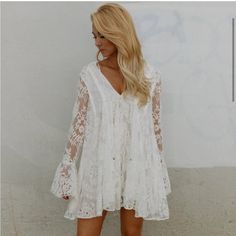 Nwt Free People Aurelia Lace Dress. Size Small But I Think It Can Work For A Medium Also. Brand New With $198 Tags Elegant White V-neck Boho Dress, Elegant White Boho Dress For Brunch, Elegant White Boho Dress With Lace Trim, Elegant Spring Lace Boho Dress, Elegant Spring Boho Lace Dress, Elegant Lace Boho Dress For Spring, Elegant Fitted White Boho Dress, Chic White Long Sleeve Boho Dress, Long Sleeve Lace Vacation Dress