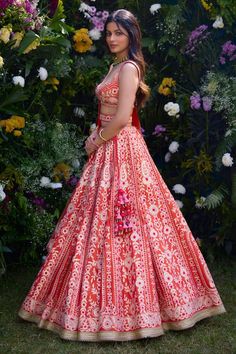 Vermillion orange raw silk lehenga with an attached cancan and gota and thread embroidery. Comes with a padded blouse, a dupatta and a belt. - Aza Fashions Blouse Lehenga, Tuxedo Accessories, Raw Silk Lehenga, Summer Bride, Padded Blouse, Summer Wedding Guests, Sharara Set, Silk Lehenga, Net Dupatta