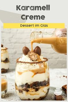 dessert in glass with caramel sauce being drizzled on top