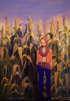 a painting of a person standing in front of a corn field