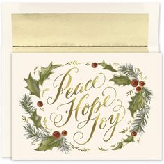 a christmas card with the words peace, hope and holly in gold foil on it