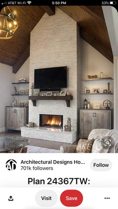 a living room with a fire place next to a tv on a wall above a fireplace