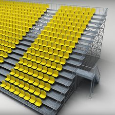 a bunch of yellow chairs sitting on top of a metal shelf next to each other